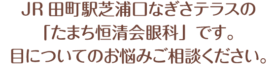 JR田町駅東口なぎさテラスの「たまち恒清会眼科」です。目についてのお悩みご相談ください。